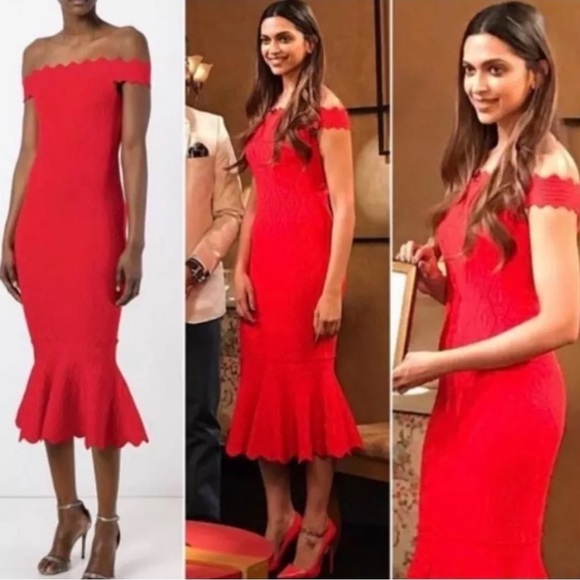 Jonathan Simkhai Red  Knit Off The Shoulder Diamond Print Jacquard Mermaid Dress - Picture 2 of 8